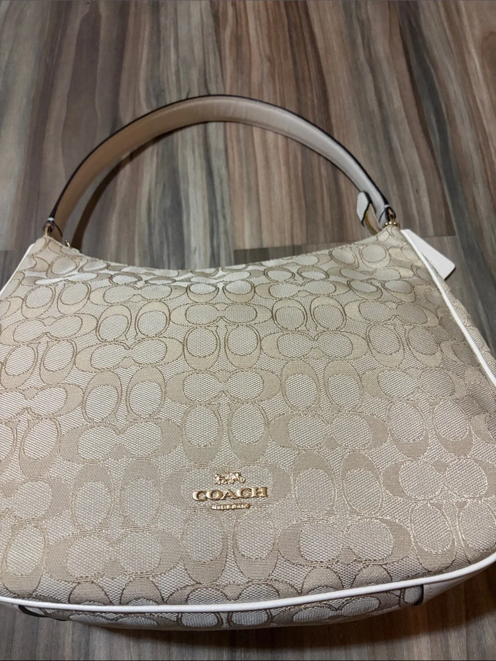 Coach Signature Pebbled Hobo Bag in Beige and White